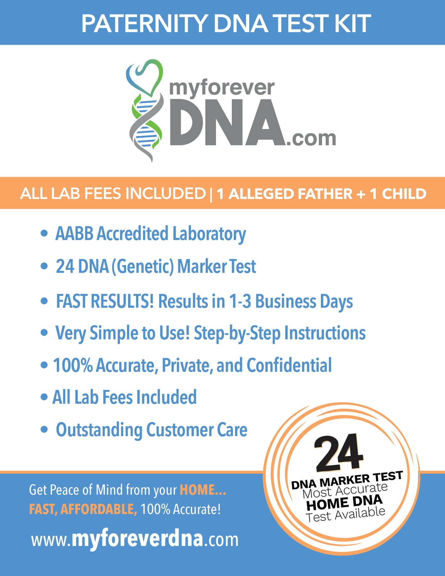 PATERNITY | 1 Alleged Father + 1 Child | Complete Home DNA Test Kit | All Lab Fees & Shipping Included